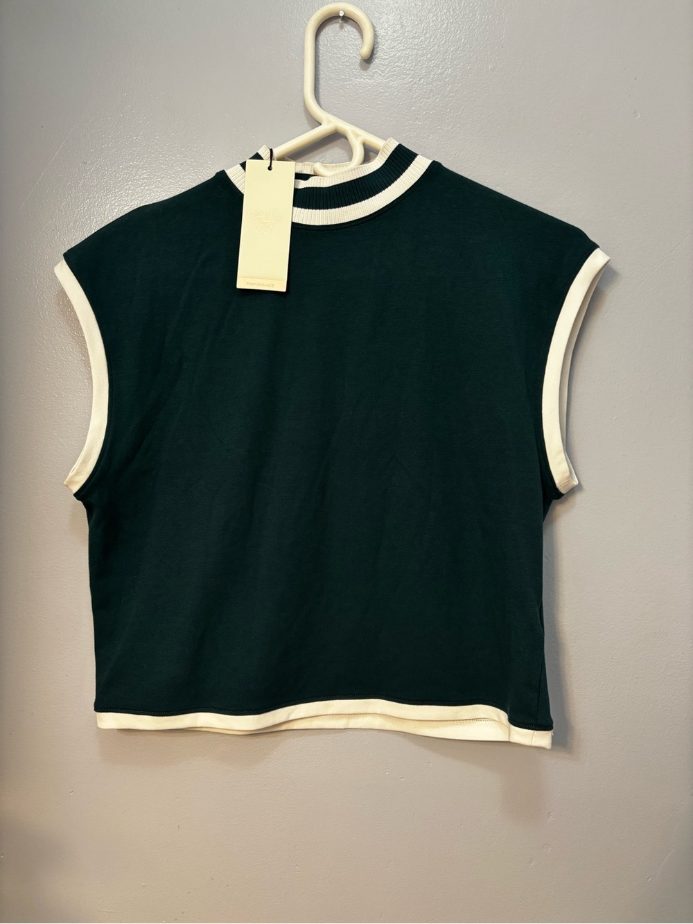 CALIA Rib Mock Neck Crop Tank Top Sea Green White Trim Size S. NWT